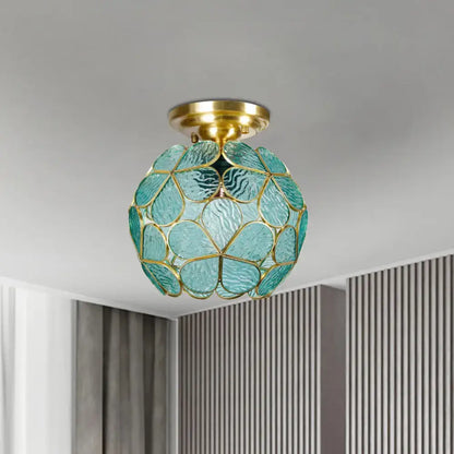 Victorian turquoise stained glass flower ceiling fixture bedroom light