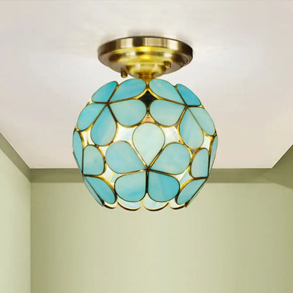 Victorian turquoise stained glass flower ceiling fixture bedroom light