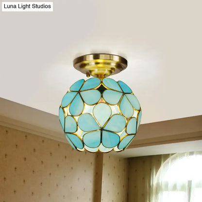 Victorian turquoise stained glass flower ceiling fixture bedroom light