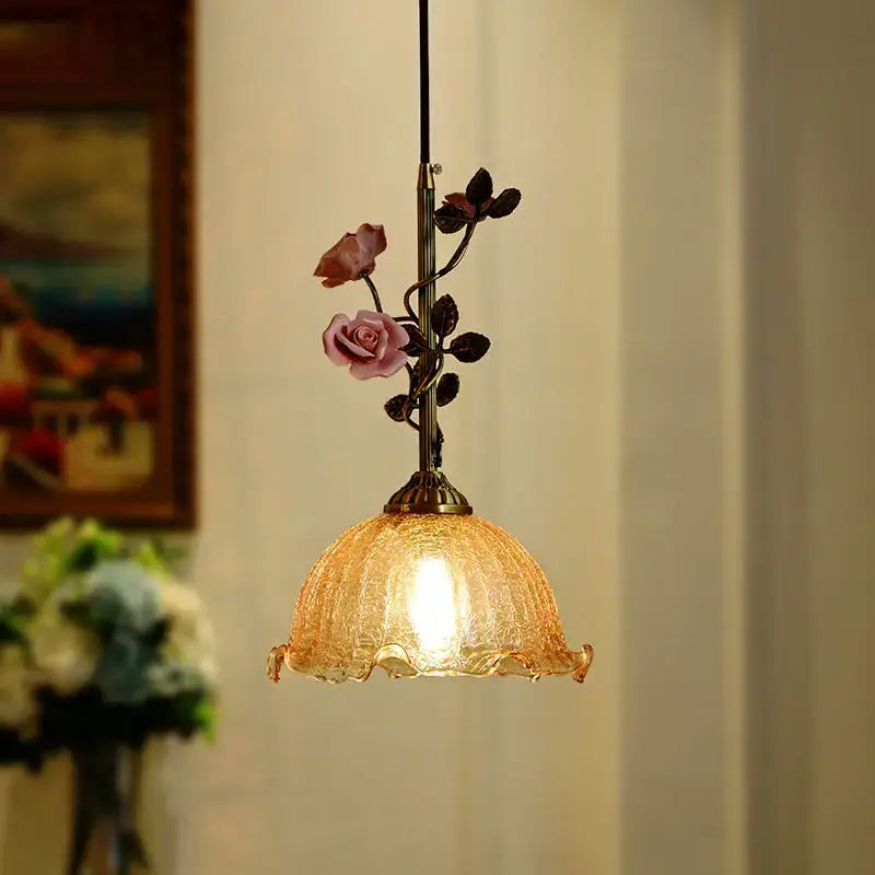 Vintage amber and rose floral pendant light dining room french rose copper