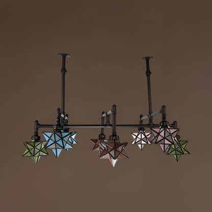 Vintage amber and teal stained glass star chandelier dining room