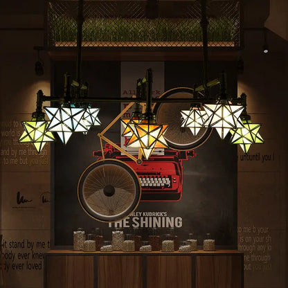 Vintage amber and teal stained glass star chandelier dining room