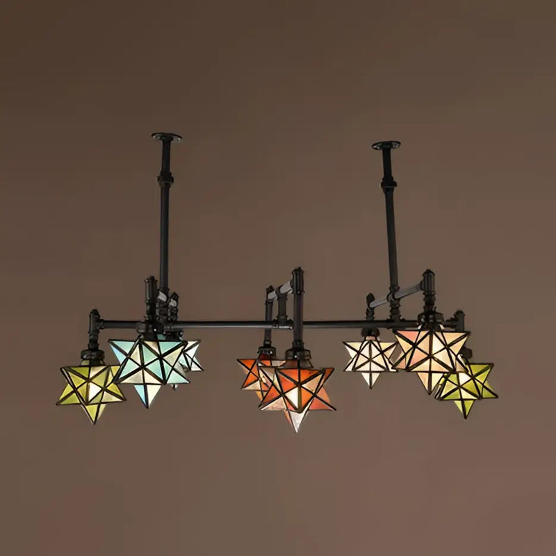 Vintage amber and teal stained glass star chandelier dining room