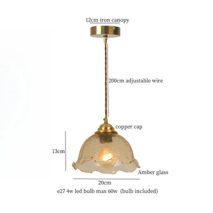 Vintage amber cracked glass led pendant lights kitchen brass accents
