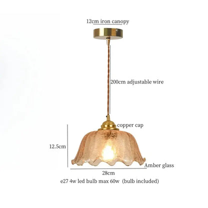 Vintage amber cracked glass led pendant lights kitchen brass accents