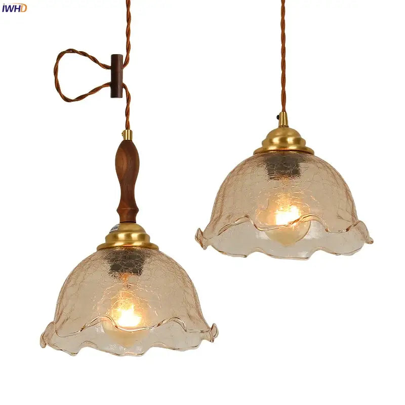 Vintage amber cracked glass led pendant lights kitchen brass accents