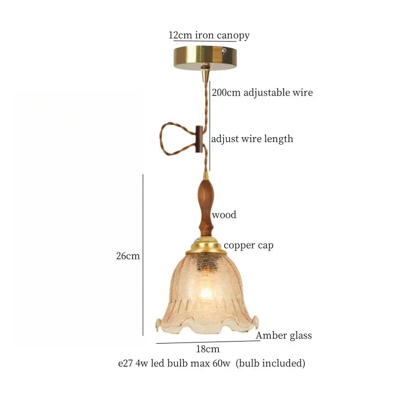 Vintage amber cracked glass led pendant lights kitchen brass accents
