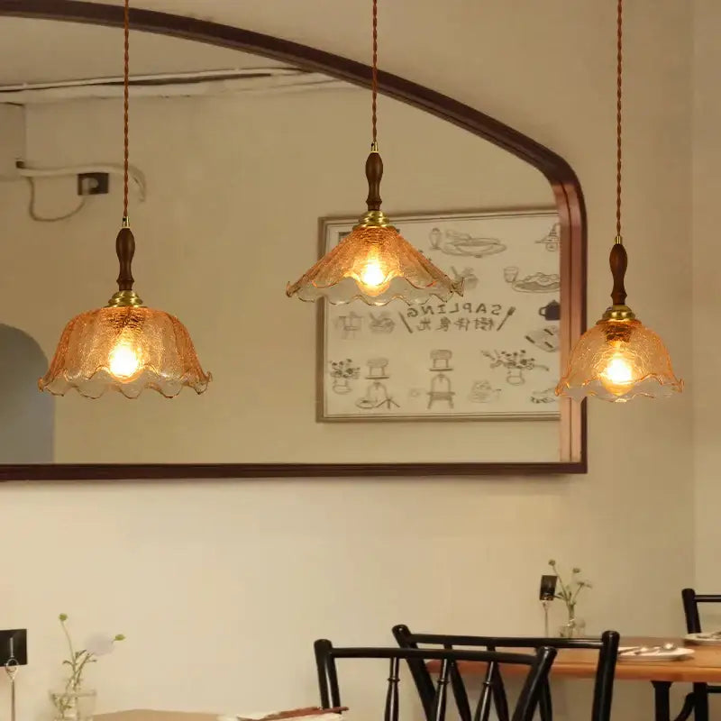 Vintage amber cracked glass led pendant lights kitchen brass accents