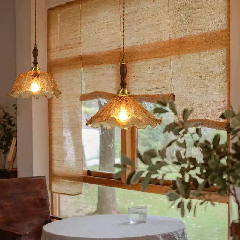 Vintage amber cracked glass led pendant lights kitchen brass accents