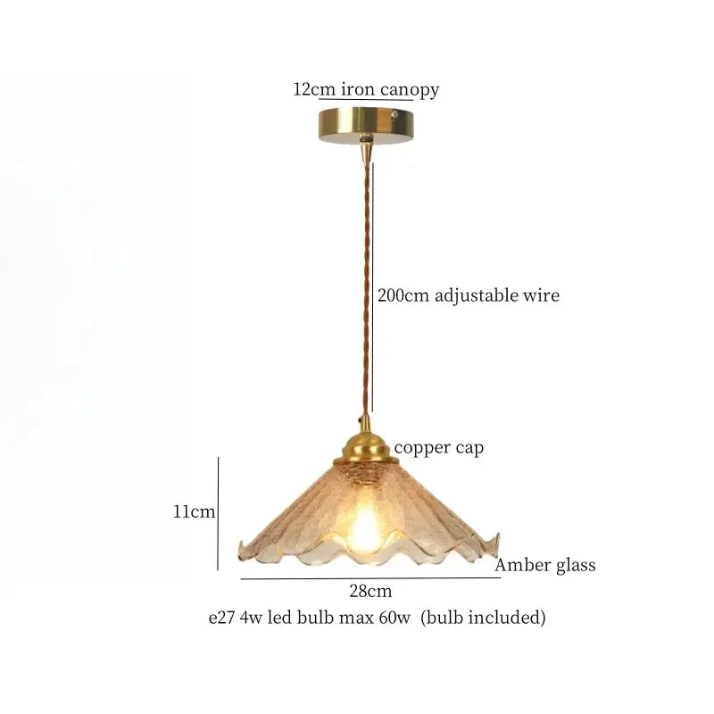 Vintage amber cracked glass led pendant lights kitchen brass accents