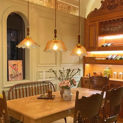 Vintage amber cracked glass led pendant lights kitchen brass accents