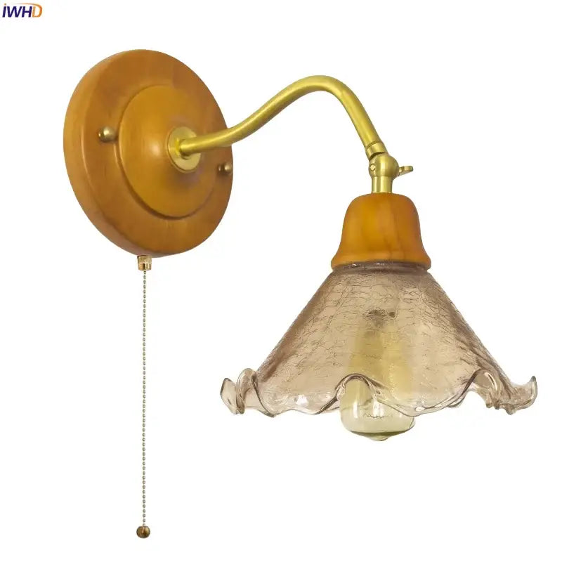 Vintage amber cracked glass led wall lights bedroom brass wood sconce