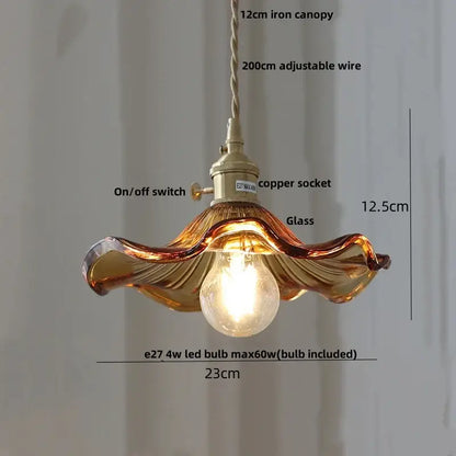 Vintage amber flower glass pendant lamp dining room brass light