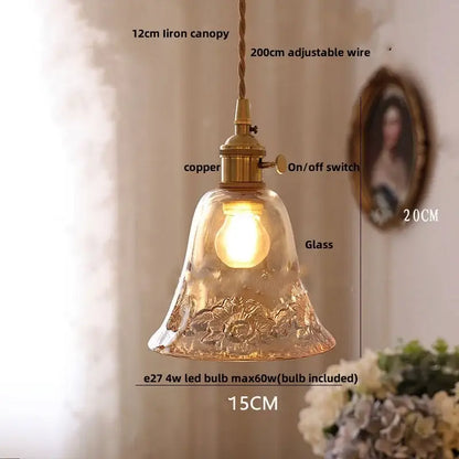 Vintage amber flower glass pendant lamp dining room brass light
