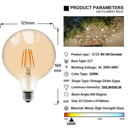 Vintage amber g125 led filament bulb living room globe light