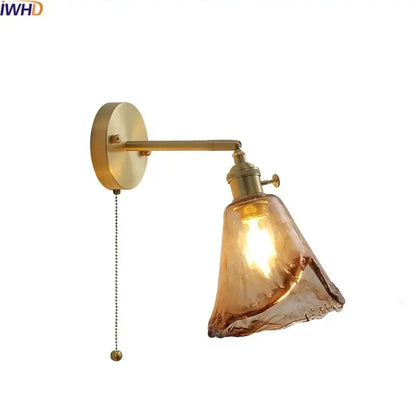 Vintage amber glass copper led wall lamp with pull chain bedroom