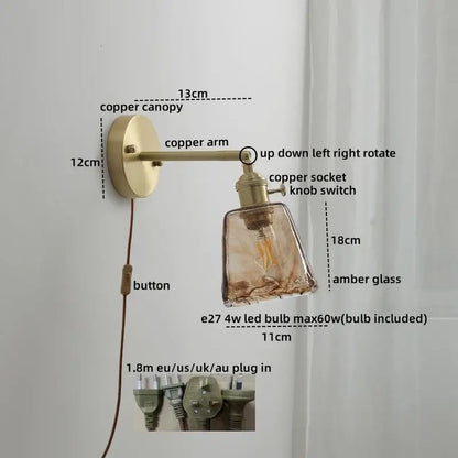 Vintage amber glass copper led wall lamp with pull chain bedroom