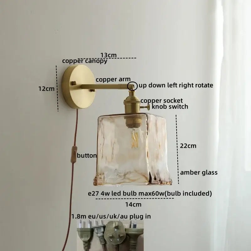 Vintage amber glass copper led wall lamp with pull chain bedroom