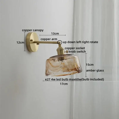 Vintage amber glass copper led wall lamp with pull chain bedroom