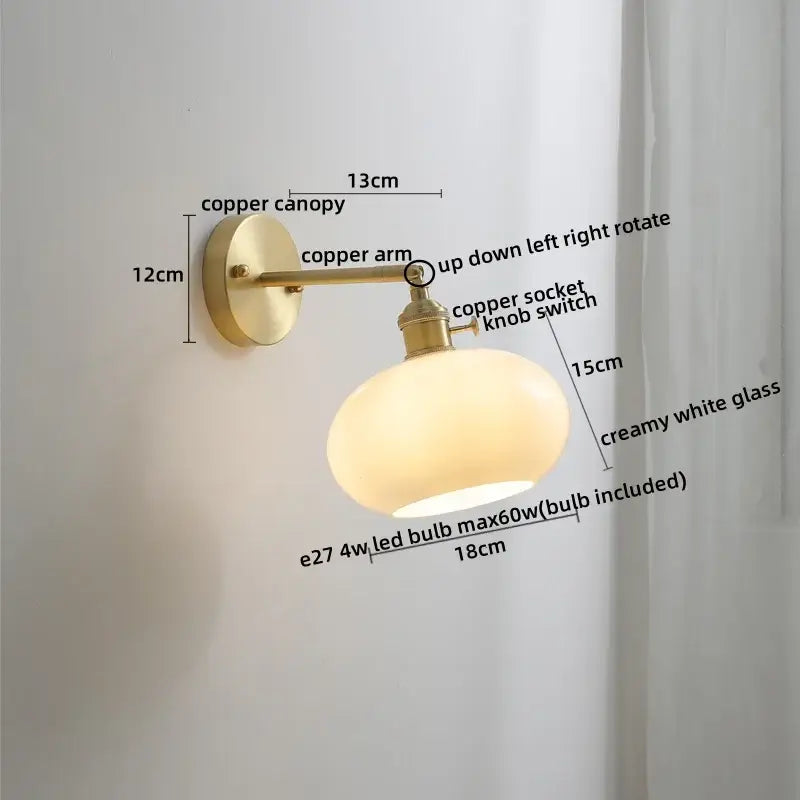 Vintage amber glass copper led wall lamp with pull chain bedroom