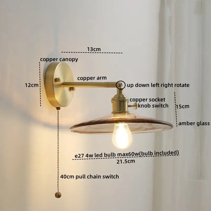 Vintage amber glass copper led wall lamp with pull chain bedroom