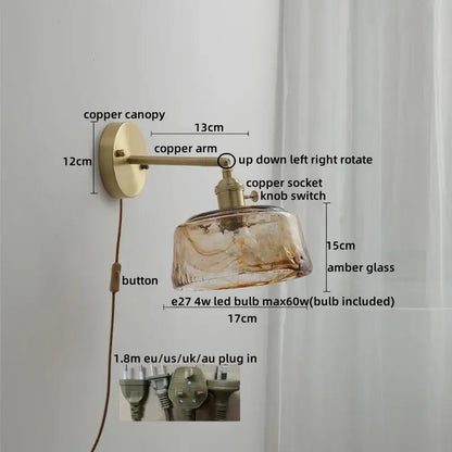 Vintage amber glass copper led wall lamp with pull chain bedroom