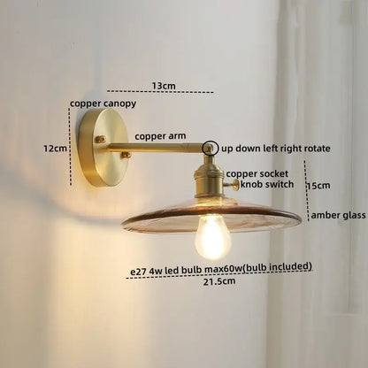 Vintage amber glass copper led wall lamp with pull chain bedroom