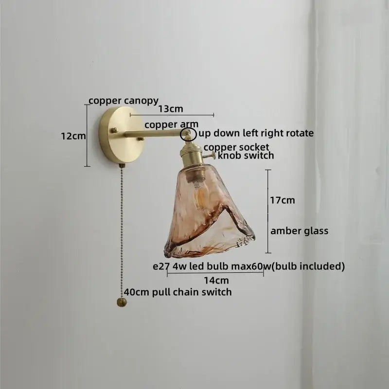 Vintage amber glass copper led wall lamp with pull chain bedroom