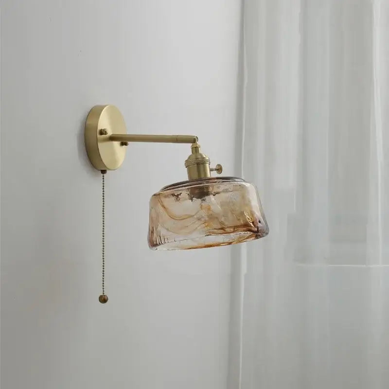 Vintage amber glass copper led wall lamp with pull chain bedroom