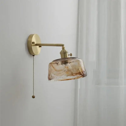 Vintage amber glass copper led wall lamp with pull chain bedroom