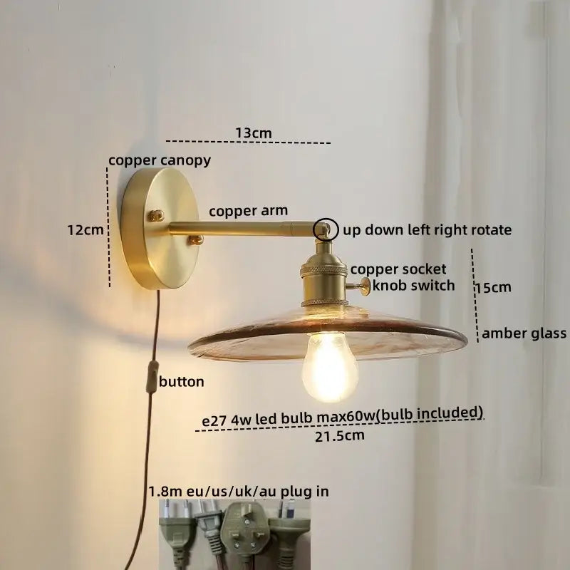Vintage amber glass copper led wall lamp with pull chain bedroom