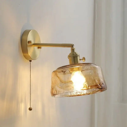 Vintage amber glass copper led wall lamp with pull chain bedroom