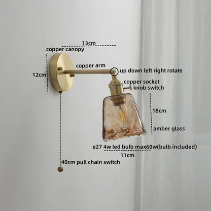 Vintage amber glass copper led wall lamp with pull chain bedroom
