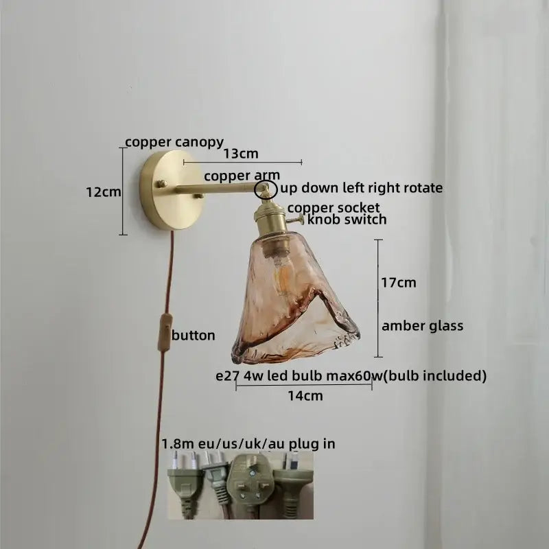 Vintage amber glass copper led wall lamp with pull chain bedroom