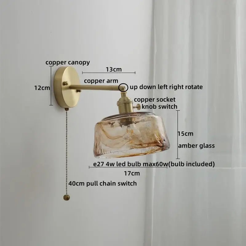 Vintage amber glass copper led wall lamp with pull chain bedroom