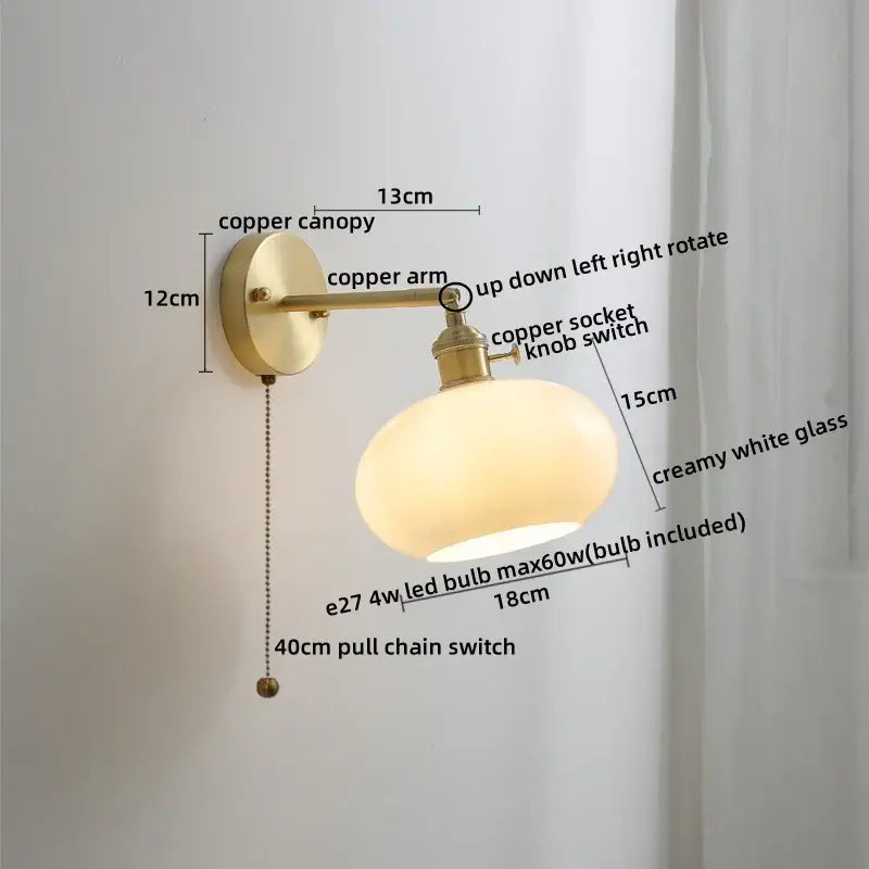 Vintage amber glass copper led wall lamp with pull chain bedroom
