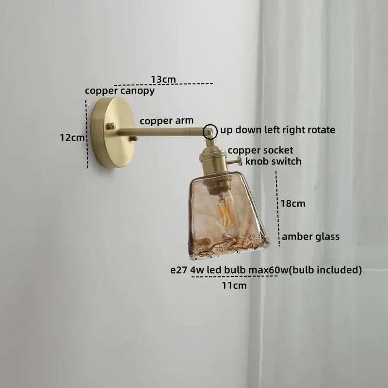 Vintage amber glass copper led wall lamp with pull chain bedroom