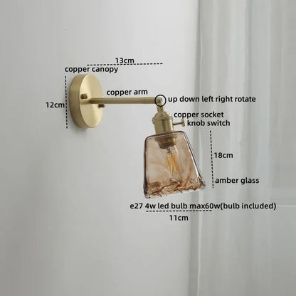 Vintage amber glass copper led wall lamp with pull chain bedroom