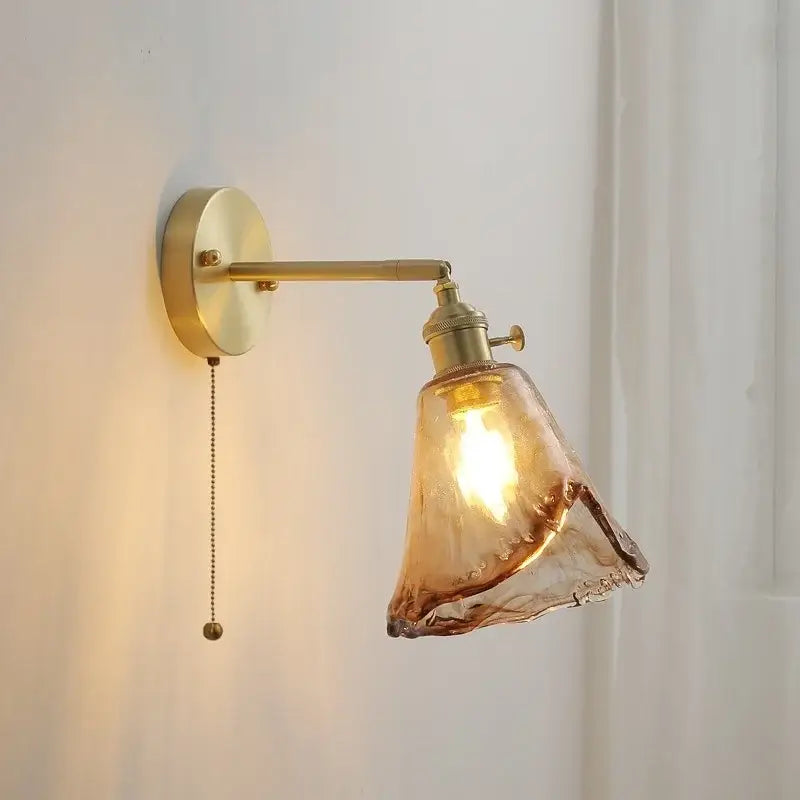 Vintage amber glass copper led wall lamp with pull chain bedroom