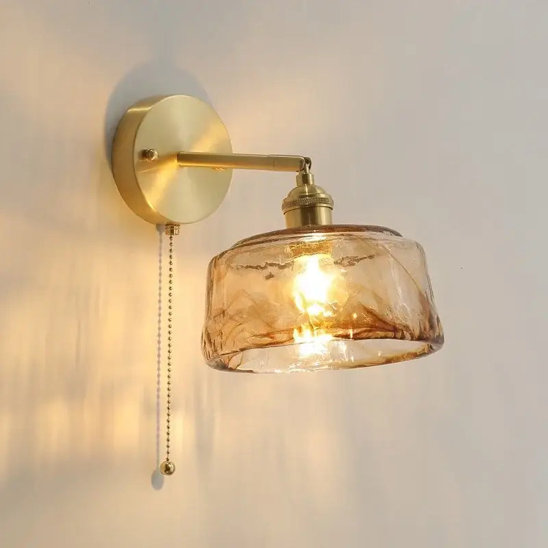 Vintage amber glass copper led wall lamp with pull chain bedroom