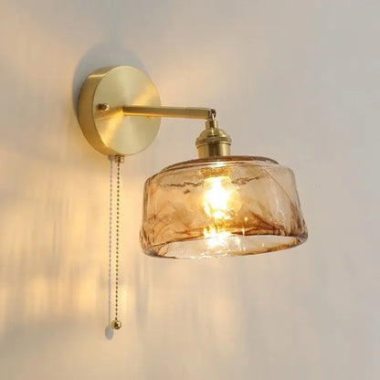 Vintage amber glass copper led wall lamp with pull chain bedroom