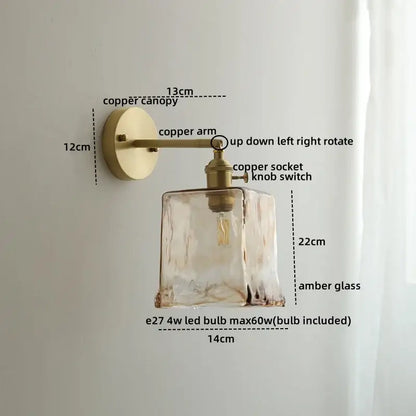 Vintage amber glass copper led wall lamp with pull chain bedroom