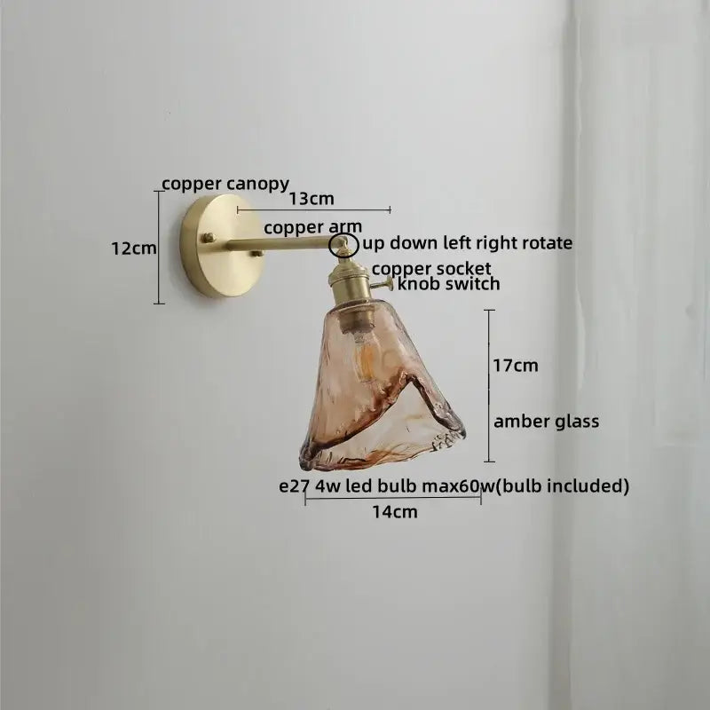 Vintage amber glass copper led wall lamp with pull chain bedroom
