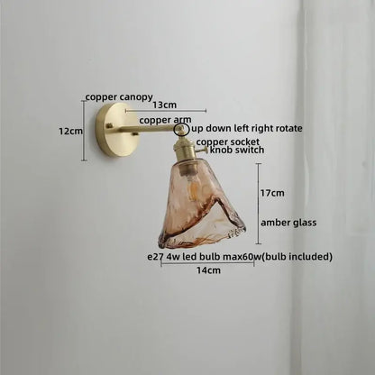 Vintage amber glass copper led wall lamp with pull chain bedroom