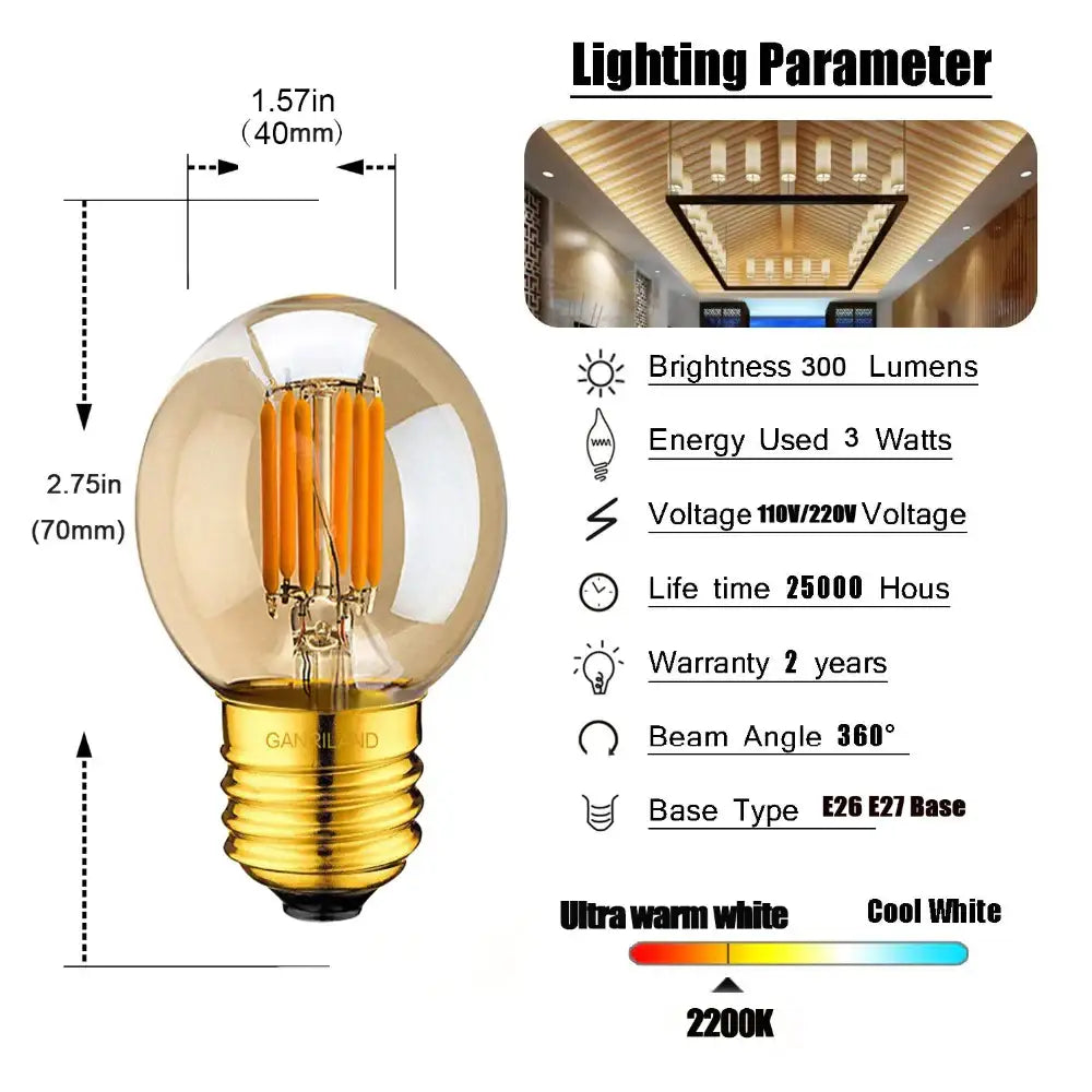 Vintage amber glass g40 3w led bulbs living room filament light