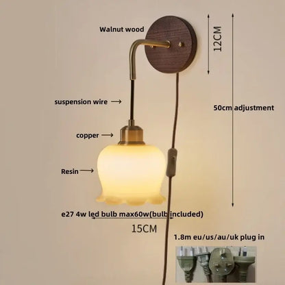 Vintage amber stained glass adjustable led wall lamp bedroom light
