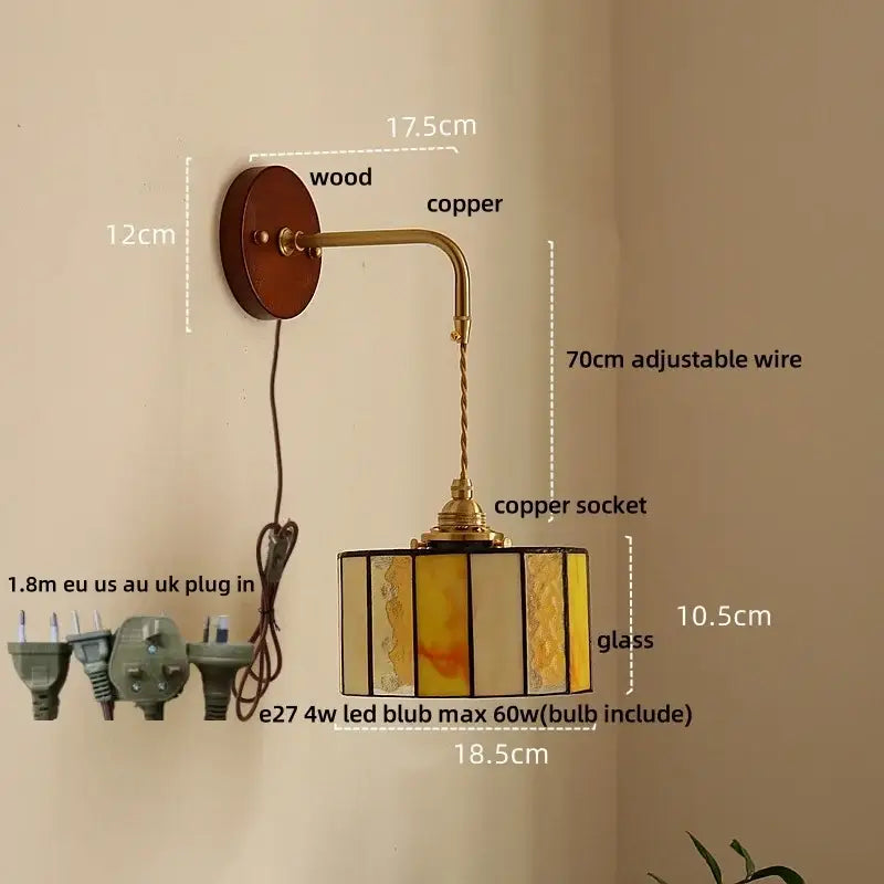 Vintage amber stained glass adjustable led wall lamp bedroom light