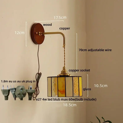 Vintage amber stained glass adjustable led wall lamp bedroom light