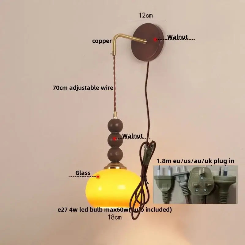 Vintage amber stained glass adjustable led wall lamp bedroom light