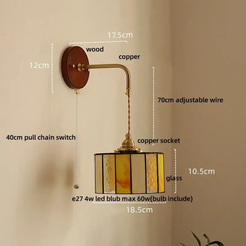 Vintage amber stained glass adjustable led wall lamp bedroom light